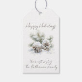 ミニマリストスクリプト,水彩雪の松のコーン ギフトタグ (正面)