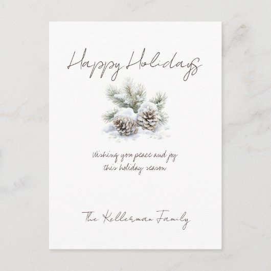 ミニマリストスクリプト，水彩雪の松のコーン シーズンポストカード (正面)