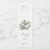 ミニマリストスクリプト，水彩雪の松のコーン ボトルネックタグ (裏面)