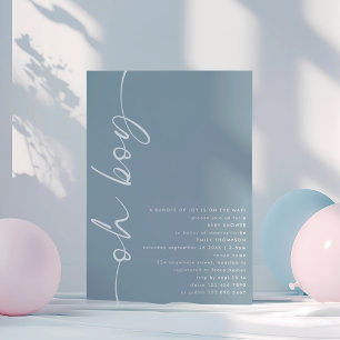ミニマリストスクリプトOh Boy Dusty Blue Baby Shower 招待状