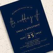 ミニマリストスクリプトQRコードネイビーブルー金ゴールド結婚ズ 招待状