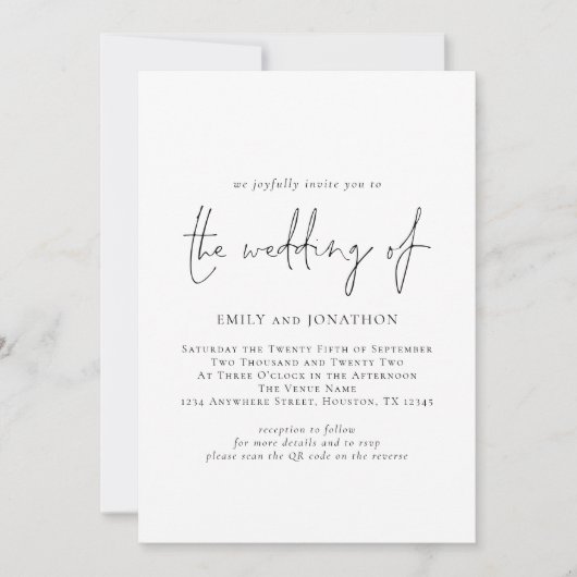 ミニマリストスクリプトQRコード任意の色結婚の 招待状 (正面)