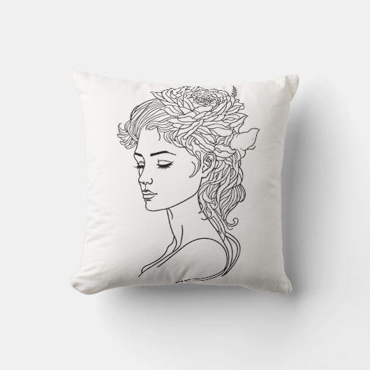 ミニマリストスケッチ顔ポートレートラインアートスケッチ クッション (正面)