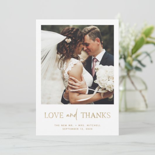 ミニマリストスタイル金ゴールド | 1枚の写結婚真 サンキューカード (スタンド正面)