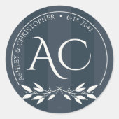 ミニマリストストライプのモノグラム結婚インディゴブルー ラウンドシール (正面)