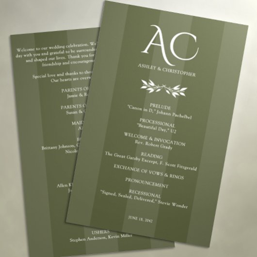 ミニマリストストライプのモノグラム結婚オリーブグリーン プログラム