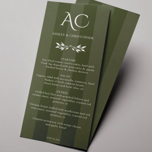 ミニマリストストライプのモノグラム結婚オリーブグリーン メニュー
