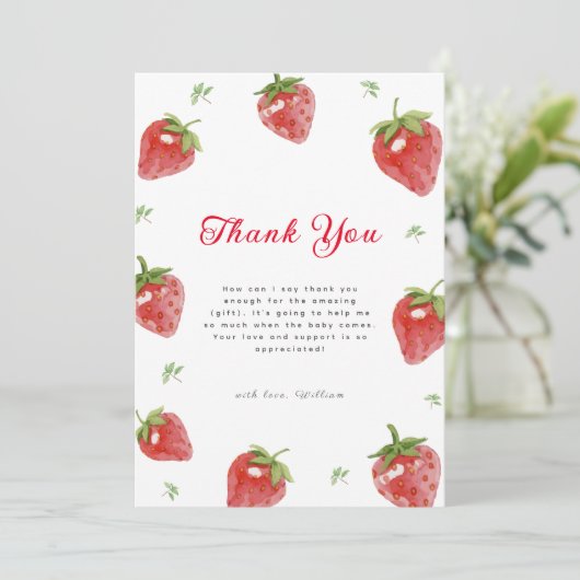ミニマリストストロベリースイートガールベビーシャワー サンキューカード (スタンド正面)