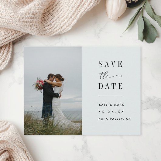 ミニマリストセージの写真付き結婚式延期案内 ポストカード