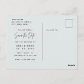 ミニマリストセージの写真付き結婚式延期案内 ポストカード (裏面)