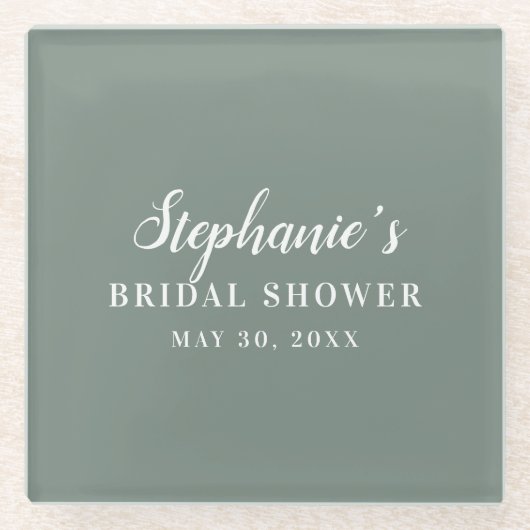 ミニマリストセージグリーンアンドホワイトブライダルシャワー ガラスコースター (正面)