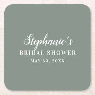 ミニマリストセージグリーンアンドホワイトブライダルシャワー スクエアペーパーコースター