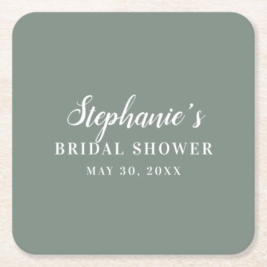 ミニマリストセージグリーンアンドホワイトブライダルシャワー スクエアペーパーコースター (正面)