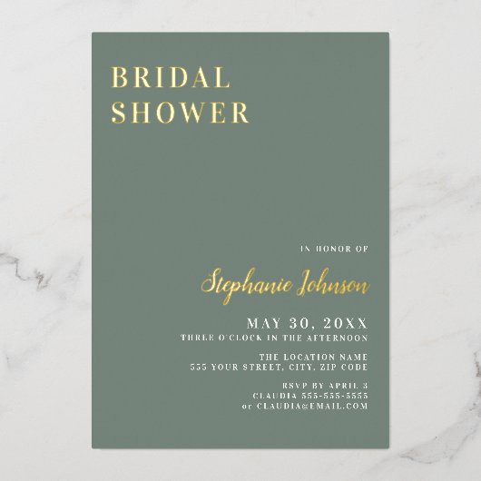 ミニマリストセージグリーンアンドホワイトブライダルシャワー 箔招待状 (正面)