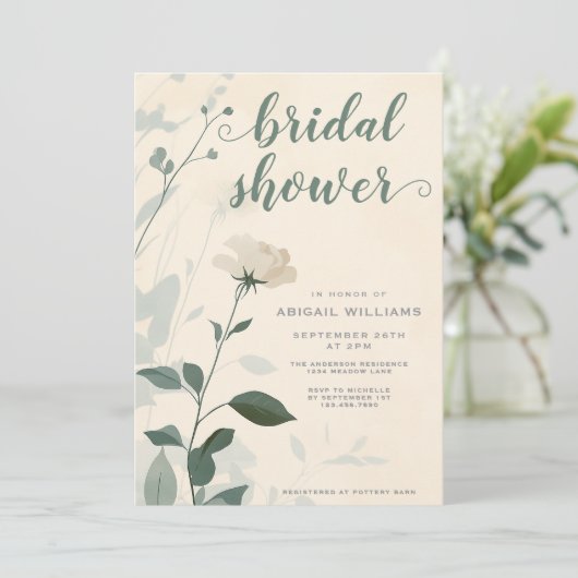 ミニマリストセージグリーンフローラヴィンテージブライダルシャワー 招待状 (スタンド正面)
