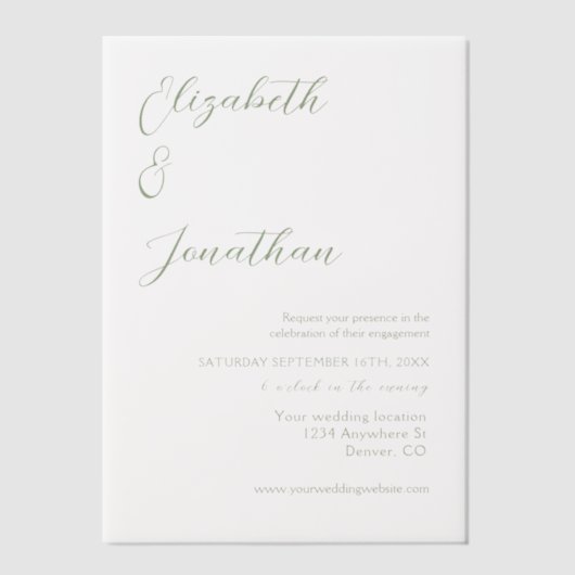 ミニマリストセージグリーン婚約パーティ ベラム紙招待状 (正面)