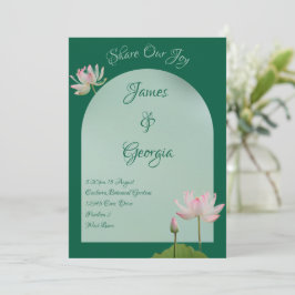 ミニマリストソフトピンク&グリーンロータス結婚ズ 招待状