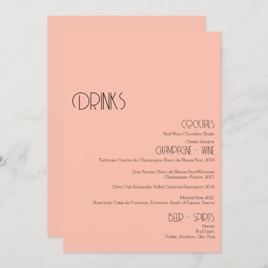 ミニマリストソフトピーチ結婚ズ飲料バーメニューカード メニュー (正面/裏面)