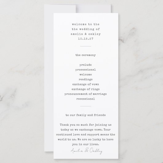 ミニマリストタイプライター白カスタムウェディングプログラム (正面)