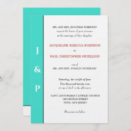 ミニマリストターコイズコーラルモノグラム 招待状