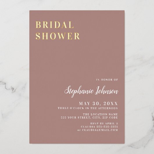 ミニマリストダスティバラとホワイトブライダルシャワー 箔招待状 (正面)