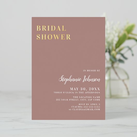 ミニマリストダスティバラとホワイトブライダルシャワー 箔招待状 (立ち正面)