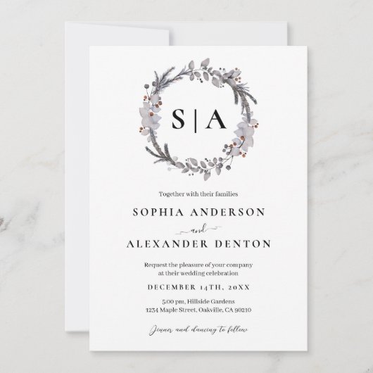 ミニマリストダスティブルーウィンターリース 招待状 (正面)