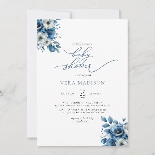 ミニマリストダスティブルーフローラ冬季ベビーシャワー 招待状 (正面)
