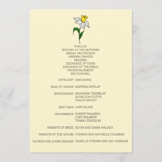 ミニマリストダフォディル結婚式 プログラム (正面)