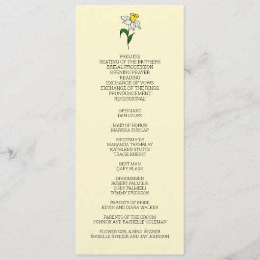 ミニマリストダフォディル結婚式 プログラム (正面)