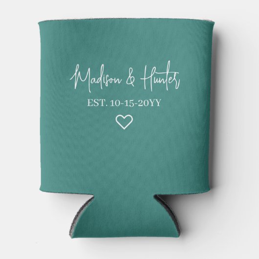 ミニマリストダークティール（緑がかった色）スクリプトモノグラム結婚式の引き出物 缶クーラー (正面)