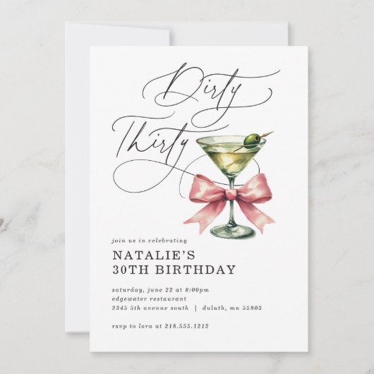 ミニマリストダーティティサーティマルティニピンクボウ誕生日 招待状 (正面)