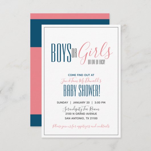 ミニマリストツインジェンダーリビールシャワーネイビー&サンゴ 招待状 (正面/裏面)