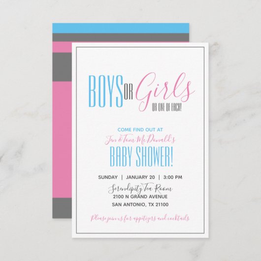 ミニマリストツインジェンダーリビールベビーピンクブルーグレー 招待状 (正面/裏面)