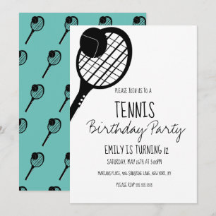 ミニマリストテニススポーツお誕生日会 ブラック ホワイト 招待状