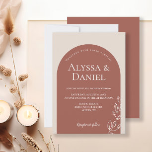 ミニマリストテラコッタオレンジフローラ結婚アーチ 招待状