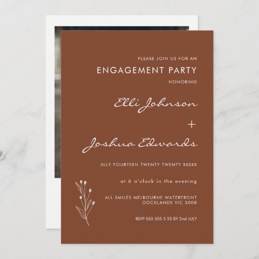 ミニマリストテラコッタボヘミアン婚約 招待状 (正面/裏面)