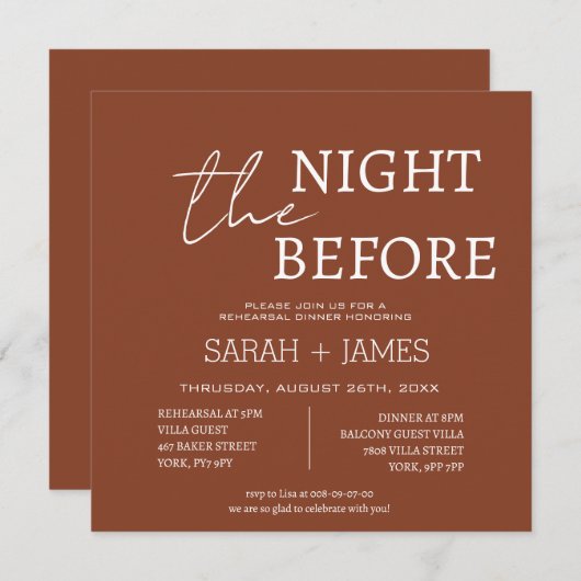 ミニマリストテラコッタリハーサル結婚ディナー 招待状 (正面/裏面)