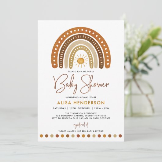 ミニマリストテラコッタレインボーサンシャインベビーシャワー 招待状 (スタンド正面)