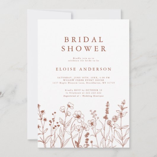 ミニマリストテラコッタワイルドフラワーブライダルシャワー 招待状 (正面)