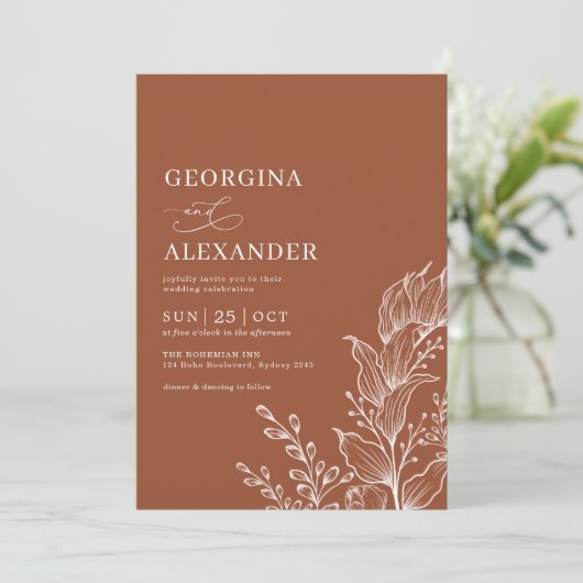 ミニマリストテラコッタ秋ボ結婚タニカル 招待状 (スタンド正面)