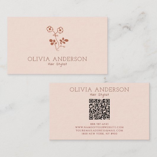 ミニマリストテラコッタQRコードフローララインアート 名刺 (正面/裏面)