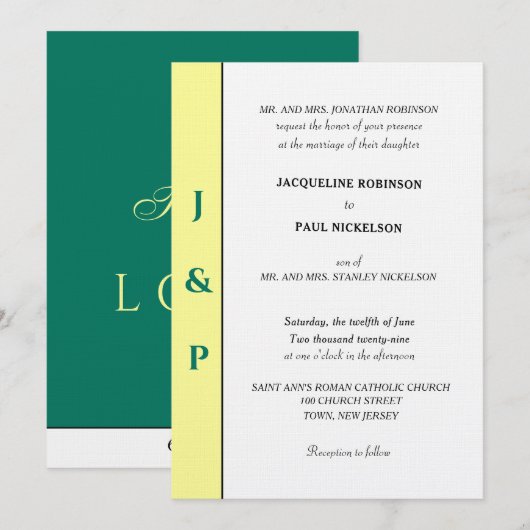 ミニマリストトロピカルイエローグリーンモノグラム 招待状 (正面/裏面)