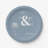 ミニマリストトロピカルウェディング ダスティーブルー ペーパープレート (正面)