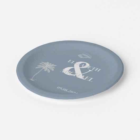 ミニマリストトロピカルウェディング ダスティーブルー ペーパープレート (アングル)