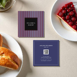 ミニマリストネイビーストライプルベーカリーレトロQRコード スクエア名刺
