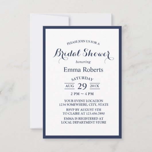 ミニマリストネイビーブルーフレームエレガントブライダルシャワー 招待状 (正面)
