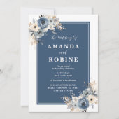 ミニマリストネイビーブルーフローラ結婚式招待状 招待状 (正面)