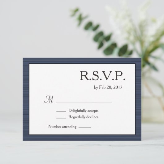 ミニマリストネイビーブルーホワイトグレーストライプRSVP 招待状 (スタンド正面)