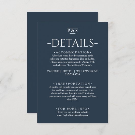 ミニマリストネイビーブルーモノグラムシ結婚ックの詳細 エンクロージャーカード (正面/裏面)